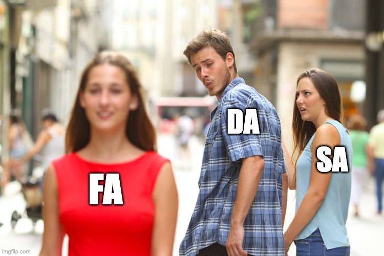 Dating | DA; SA; FA | image tagged in memes,distracted boyfriend | made w/ Imgflip meme maker