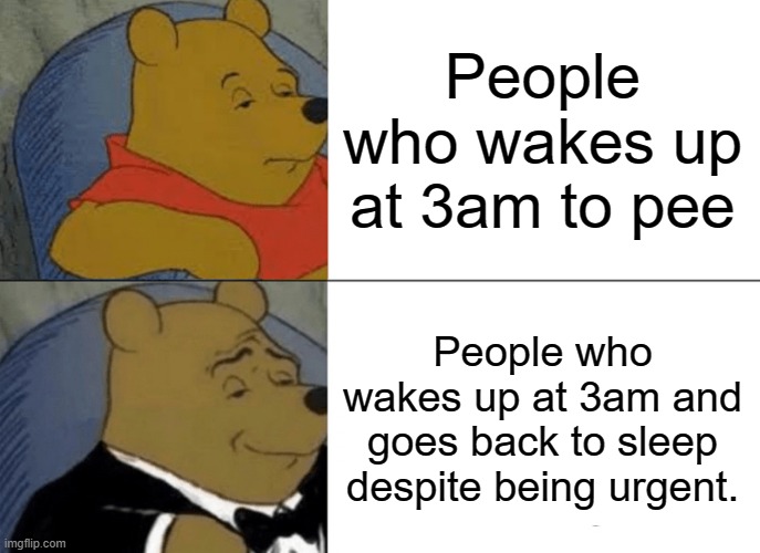 super bladder | People who wakes up at 3am to pee; People who wakes up at 3am and goes back to sleep despite being urgent. | image tagged in memes,tuxedo winnie the pooh,relatable,night | made w/ Imgflip meme maker