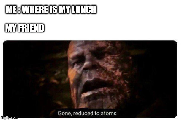 Lunch | ME : WHERE IS MY LUNCH; MY FRIEND | image tagged in gone reduced to atoms | made w/ Imgflip meme maker