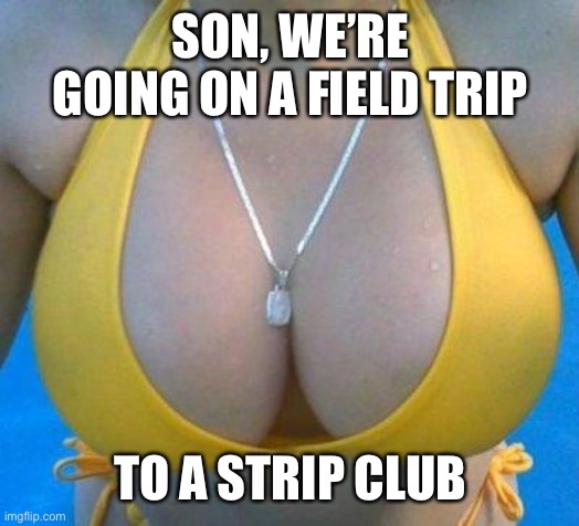 boobs | SON, WE’RE GOING ON A FIELD TRIP TO A STRIP CLUB | image tagged in boobs | made w/ Imgflip meme maker