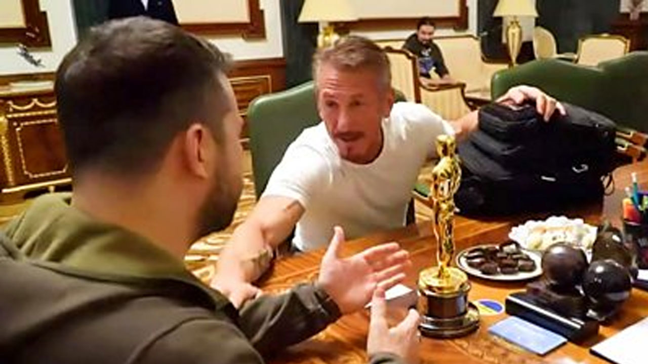 Sean Penn gives Oscar to Zelensky Blank Meme Template