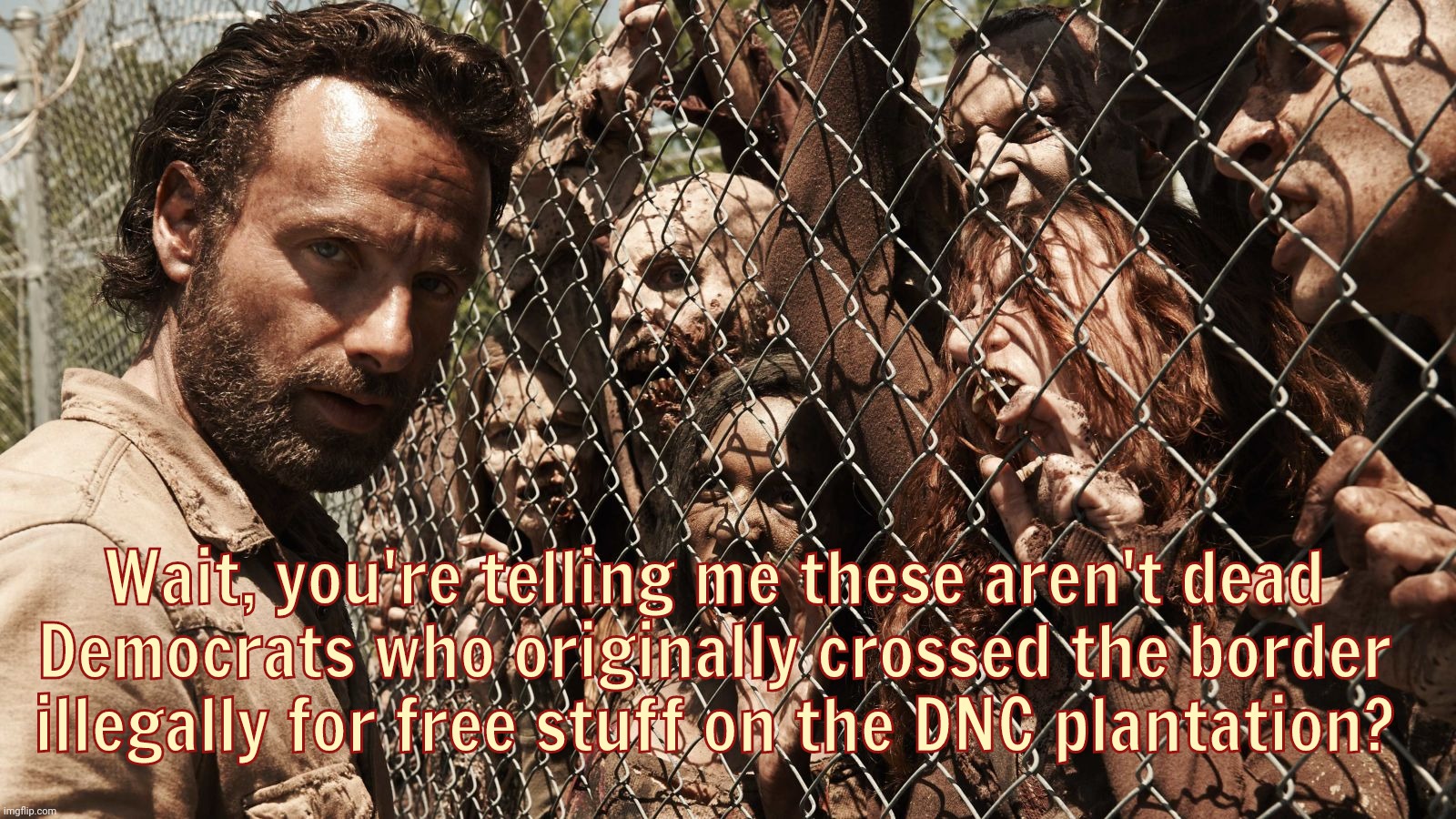 Zombie Fence | Wait, you're telling me these aren't dead
Democrats who originally crossed the border illegally for free stuff on the DNC plantation? | image tagged in zombie fence | made w/ Imgflip meme maker