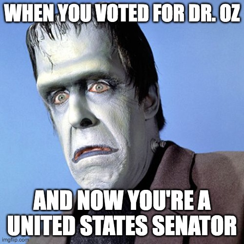 Fetterman | WHEN YOU VOTED FOR DR. OZ; AND NOW YOU'RE A UNITED STATES SENATOR | image tagged in herman munster | made w/ Imgflip meme maker
