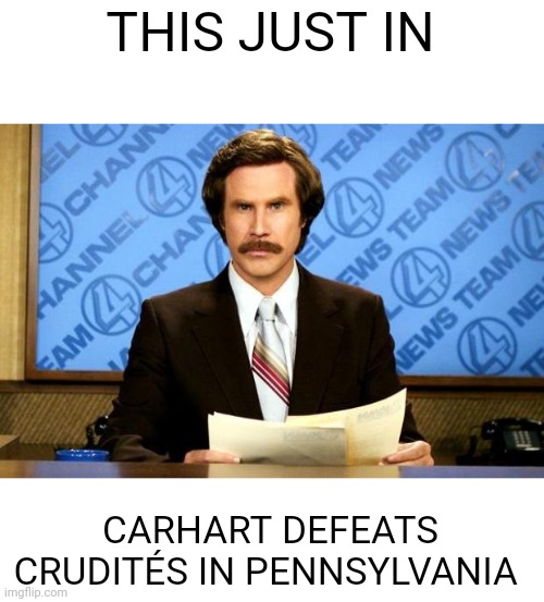 Can't imagine why conservatives wouldn't vote for a gay, Muslim doctor | THIS JUST IN; CARHART DEFEATS CRUDITÉS IN PENNSYLVANIA | image tagged in breaking news,scumbag republicans,terrorism,terrorists,white trash | made w/ Imgflip meme maker