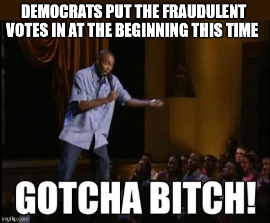 gotcha bitch | DEMOCRATS PUT THE FRAUDULENT VOTES IN AT THE BEGINNING THIS TIME | image tagged in gotcha bitch,democrat voter fraud | made w/ Imgflip meme maker