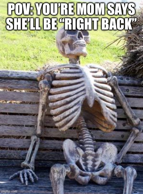 Waiting Skeleton | POV: YOU’RE MOM SAYS SHE’LL BE “RIGHT BACK” | image tagged in memes,waiting skeleton,funny,funny memes,so true memes | made w/ Imgflip meme maker