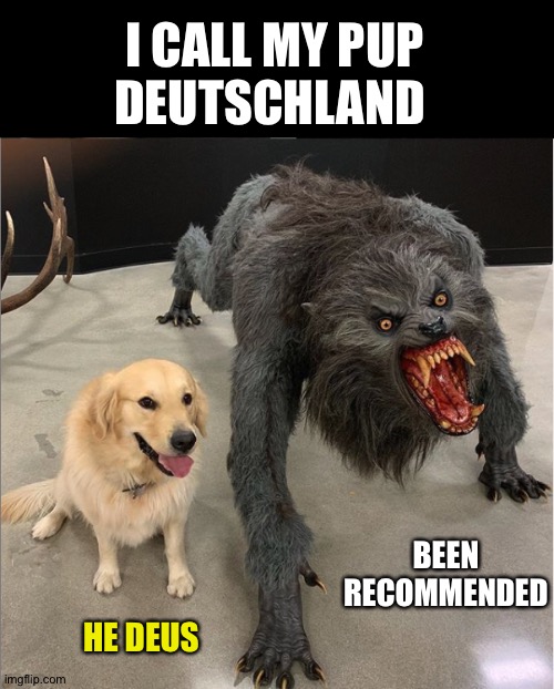 The myth, the war & the other | I CALL MY PUP
DEUTSCHLAND; BEEN RECOMMENDED; HE DEUS | image tagged in dog vs werewolf,hard rock | made w/ Imgflip meme maker