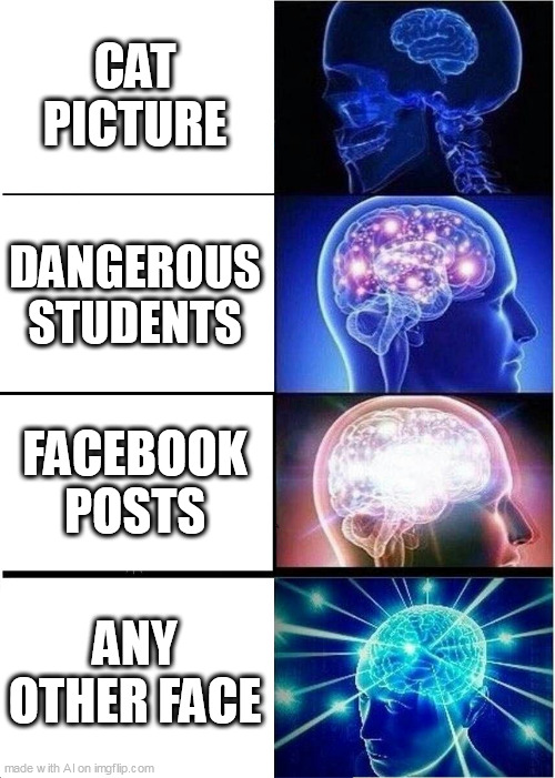 ai made this shit. | CAT PICTURE; DANGEROUS STUDENTS; FACEBOOK POSTS; ANY OTHER FACE | image tagged in memes,expanding brain | made w/ Imgflip meme maker