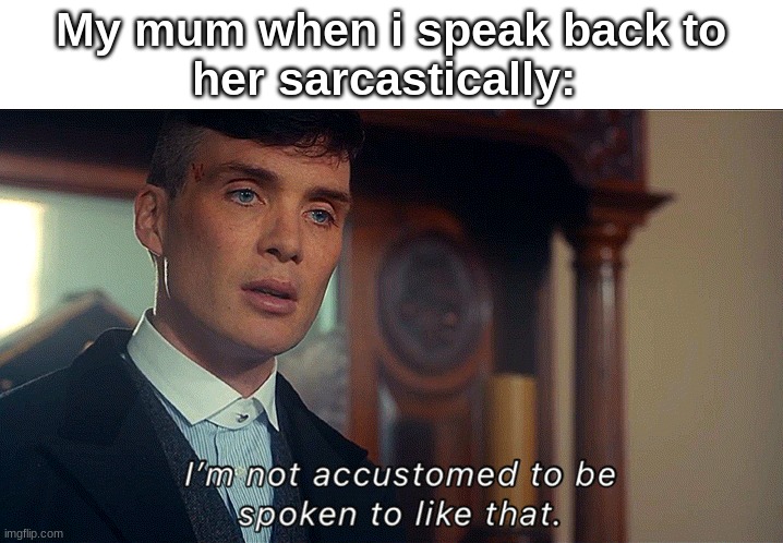 AHHA | My mum when i speak back to
her sarcastically: | image tagged in peaky blinders i'm not accustomed to be spoken to like that | made w/ Imgflip meme maker