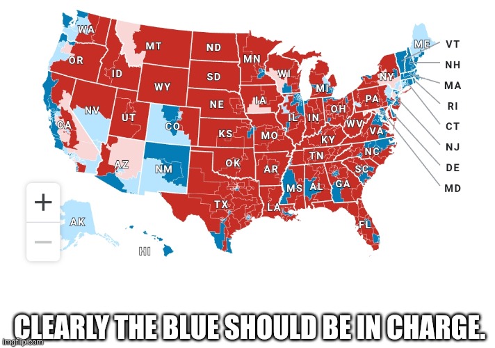 Landslide for blue!!! | CLEARLY THE BLUE SHOULD BE IN CHARGE. | image tagged in blank white template,electoral college,blue,red,map,voting | made w/ Imgflip meme maker