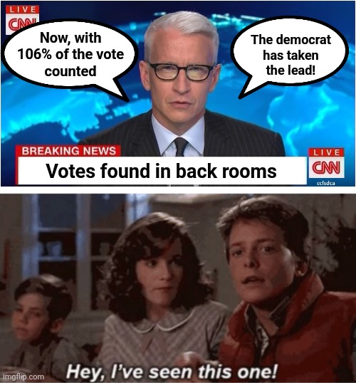 Bullshit! | Now, with
106% of the vote
counted; The democrat
has taken
the lead! Votes found in back rooms | image tagged in cnn breaking news anderson cooper,hey i've seen this one,memes,election 2022,democrats,shenanigans | made w/ Imgflip meme maker