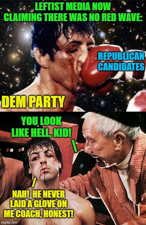 It never stops, does it? The mainstream media WORKS for the Dem Party, period. | LEFTIST MEDIA NOW CLAIMING THERE WAS NO RED WAVE:; REPUBLICAN CANDIDATES; DEM PARTY; YOU LOOK LIKE HELL, KID! \; /; NAH!  HE NEVER LAID A GLOVE ON ME COACH, HONEST! | image tagged in never laid a glove | made w/ Imgflip meme maker