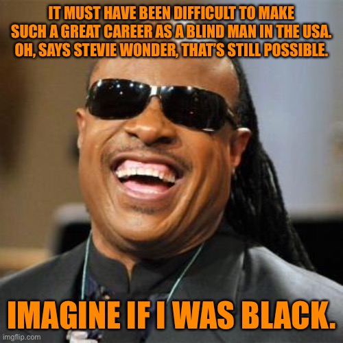 Great career for a blind man | IT MUST HAVE BEEN DIFFICULT TO MAKE SUCH A GREAT CAREER AS A BLIND MAN IN THE USA. OH, SAYS STEVIE WONDER, THAT’S STILL POSSIBLE. IMAGINE IF I WAS BLACK. | image tagged in steve wonder,great career,blind man,still possible in usa,if i was black,dark humour | made w/ Imgflip meme maker