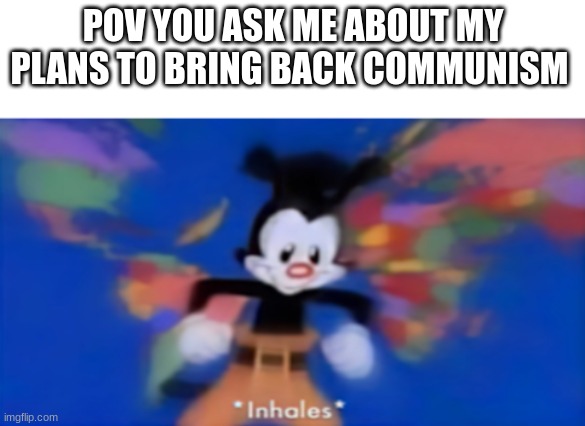 Yakko inhale | POV YOU ASK ME ABOUT MY PLANS TO BRING BACK COMMUNISM | image tagged in yakko inhale | made w/ Imgflip meme maker
