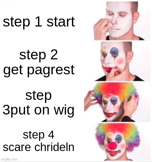Clown Applying Makeup | step 1 start; step 2 get pagrest; step 3put on wig; step 4 scare chrideln | image tagged in memes,clown applying makeup | made w/ Imgflip meme maker