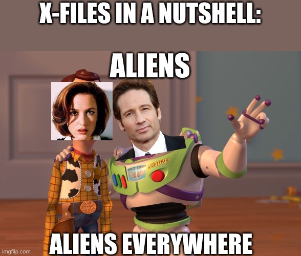 xifiles in a nutshell | X-FILES IN A NUTSHELL:; ALIENS; ALIENS EVERYWHERE | image tagged in memes,x x everywhere | made w/ Imgflip meme maker