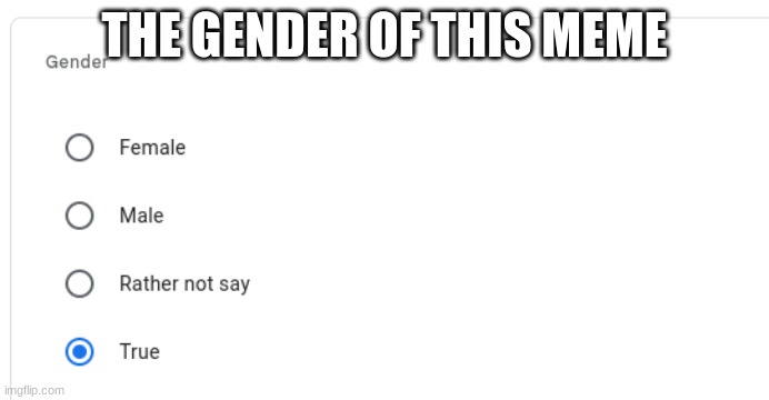 Gender true | THE GENDER OF THIS MEME | image tagged in gender true | made w/ Imgflip meme maker