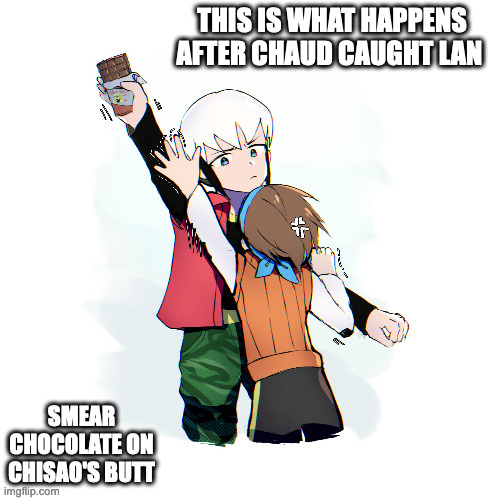Chaud Taking Lan's Chocolate Away | THIS IS WHAT HAPPENS AFTER CHAUD CAUGHT LAN; SMEAR CHOCOLATE ON CHISAO'S BUTT | image tagged in eugene chaud,lan hikari,memes,megaman,megaman battle network | made w/ Imgflip meme maker
