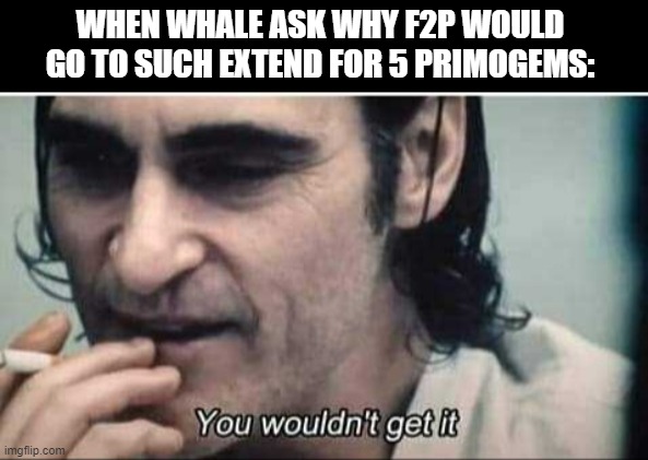 genshin whale ask f2p | WHEN WHALE ASK WHY F2P WOULD GO TO SUCH EXTEND FOR 5 PRIMOGEMS: | image tagged in you wouldn't get it | made w/ Imgflip meme maker