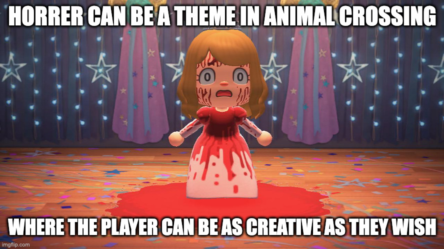 Horror-Themed Costume in Animal Crossing | HORRER CAN BE A THEME IN ANIMAL CROSSING; WHERE THE PLAYER CAN BE AS CREATIVE AS THEY WISH | image tagged in animal crossing,gaming,memes | made w/ Imgflip meme maker