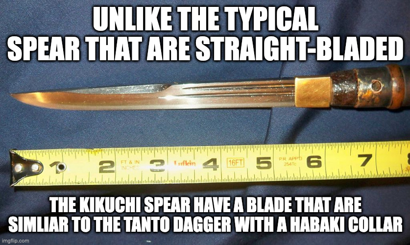 Kikuchi Spear |  UNLIKE THE TYPICAL SPEAR THAT ARE STRAIGHT-BLADED; THE KIKUCHI SPEAR HAVE A BLADE THAT ARE SIMLIAR TO THE TANTO DAGGER WITH A HABAKI COLLAR | image tagged in spear,weapons,memes | made w/ Imgflip meme maker