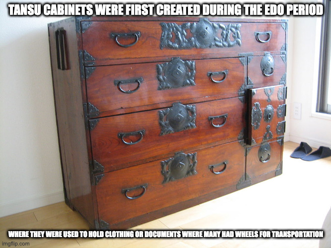 Tansu | TANSU CABINETS WERE FIRST CREATED DURING THE EDO PERIOD; WHERE THEY WERE USED TO HOLD CLOTHING OR DOCUMENTS WHERE MANY HAD WHEELS FOR TRANSPORTATION | image tagged in memes,drawers | made w/ Imgflip meme maker