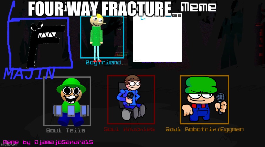 four way prisoners | FOUR WAY FRACTURE; MAJIN | image tagged in dave and bambi,alphabet lore,fourway fracture | made w/ Imgflip meme maker