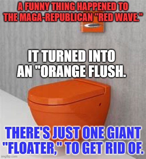 He is convinced his Fecal Matter is Non-Malodorous. | A FUNNY THING HAPPENED TO THE MAGA-REPUBLICAN "RED WAVE."; IT TURNED INTO AN "ORANGE FLUSH. THERE'S JUST ONE GIANT "FLOATER," TO GET RID OF. | image tagged in politics | made w/ Imgflip meme maker