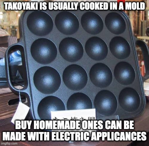 Takoyaki Pan | TAKOYAKI IS USUALLY COOKED IN A MOLD; BUY HOMEMADE ONES CAN BE MADE WITH ELECTRIC APPLICANCES | image tagged in cooking,memes | made w/ Imgflip meme maker
