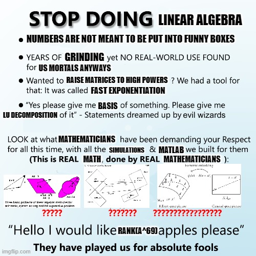 Stop doing linear algebra | LINEAR ALGEBRA; NUMBERS ARE NOT MEANT TO BE PUT INTO FUNNY BOXES; GRINDING; US MORTALS ANYWAYS; RAISE MATRICES TO HIGH POWERS; FAST EXPONENTIATION; BASIS; LU DECOMPOSITION; MATHEMATICIANS; SIMULATIONS; MATLAB; MATHEMATICIANS; MATH; RANK(A^69) | image tagged in stop doing x | made w/ Imgflip meme maker