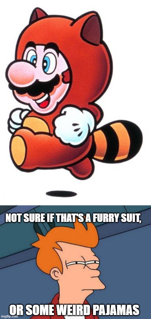 Unconfirmed Mario Theory. | NOT SURE IF THAT'S A FURRY SUIT, OR SOME WEIRD PAJAMAS | image tagged in tanooki mario,memes,futurama fry,nintendo | made w/ Imgflip meme maker