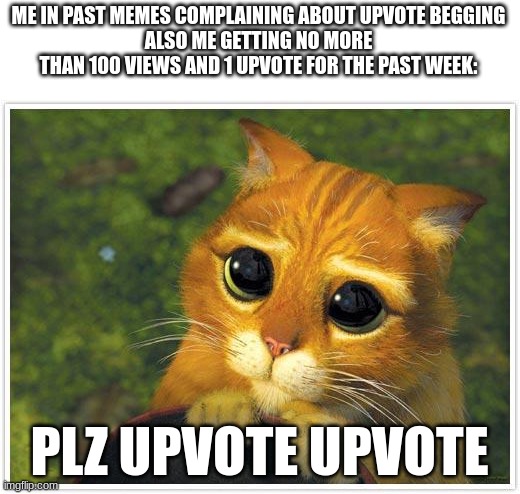 Shrek Cat Meme | ME IN PAST MEMES COMPLAINING ABOUT UPVOTE BEGGING
ALSO ME GETTING NO MORE THAN 100 VIEWS AND 1 UPVOTE FOR THE PAST WEEK:; PLZ UPVOTE UPVOTE | image tagged in memes,shrek cat,upvote,funny | made w/ Imgflip meme maker