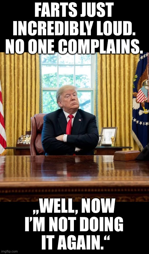 Trump not doing it again | FARTS JUST INCREDIBLY LOUD.
NO ONE COMPLAINS. „WELL, NOW 
I’M NOT DOING 
IT AGAIN.“ | image tagged in trump,fart | made w/ Imgflip meme maker