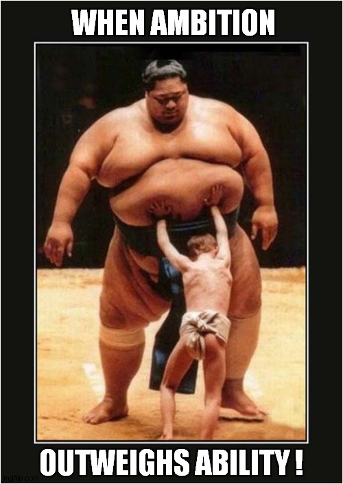 Sumo ! | WHEN AMBITION; OUTWEIGHS ABILITY ! | image tagged in fun,sumo,demotivational | made w/ Imgflip meme maker