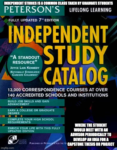 Independent Study | INDEPENDENT STUDIES IS A COMMON CLASS TAKEN BY GRADUATE STUDENTS; WHERE THE STUDENT WOULD MEET WITH AN ADVISOR PERIODICALLY TO DEVELOP AN IDEA FOR A CAPSTONE THESIS OR PROJECT | image tagged in college,memes | made w/ Imgflip meme maker