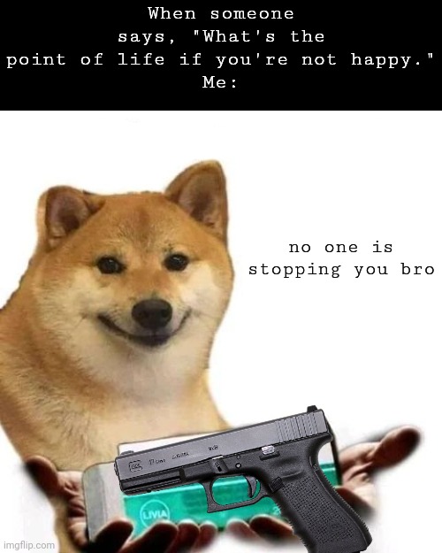 Joke (and I'm going to hell for making this joke) | When someone says, "What's the point of life if you're not happy."
Me:; no one is stopping you bro | image tagged in take it bro you need this | made w/ Imgflip meme maker