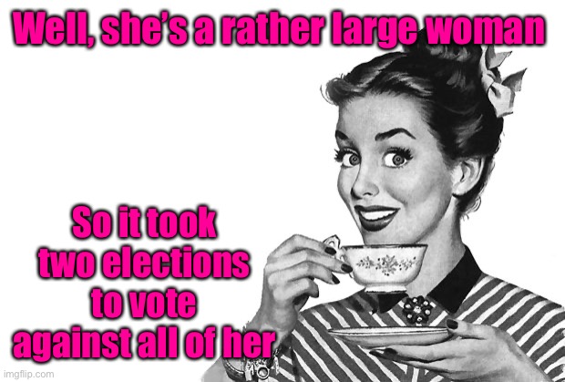 1950s Housewife | Well, she’s a rather large woman So it took two elections to vote against all of her | image tagged in 1950s housewife | made w/ Imgflip meme maker