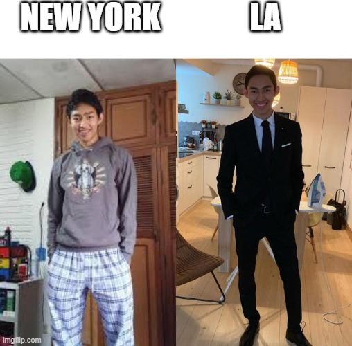 NYC vs LA | NEW YORK; LA | image tagged in fernanfloo dresses up | made w/ Imgflip meme maker