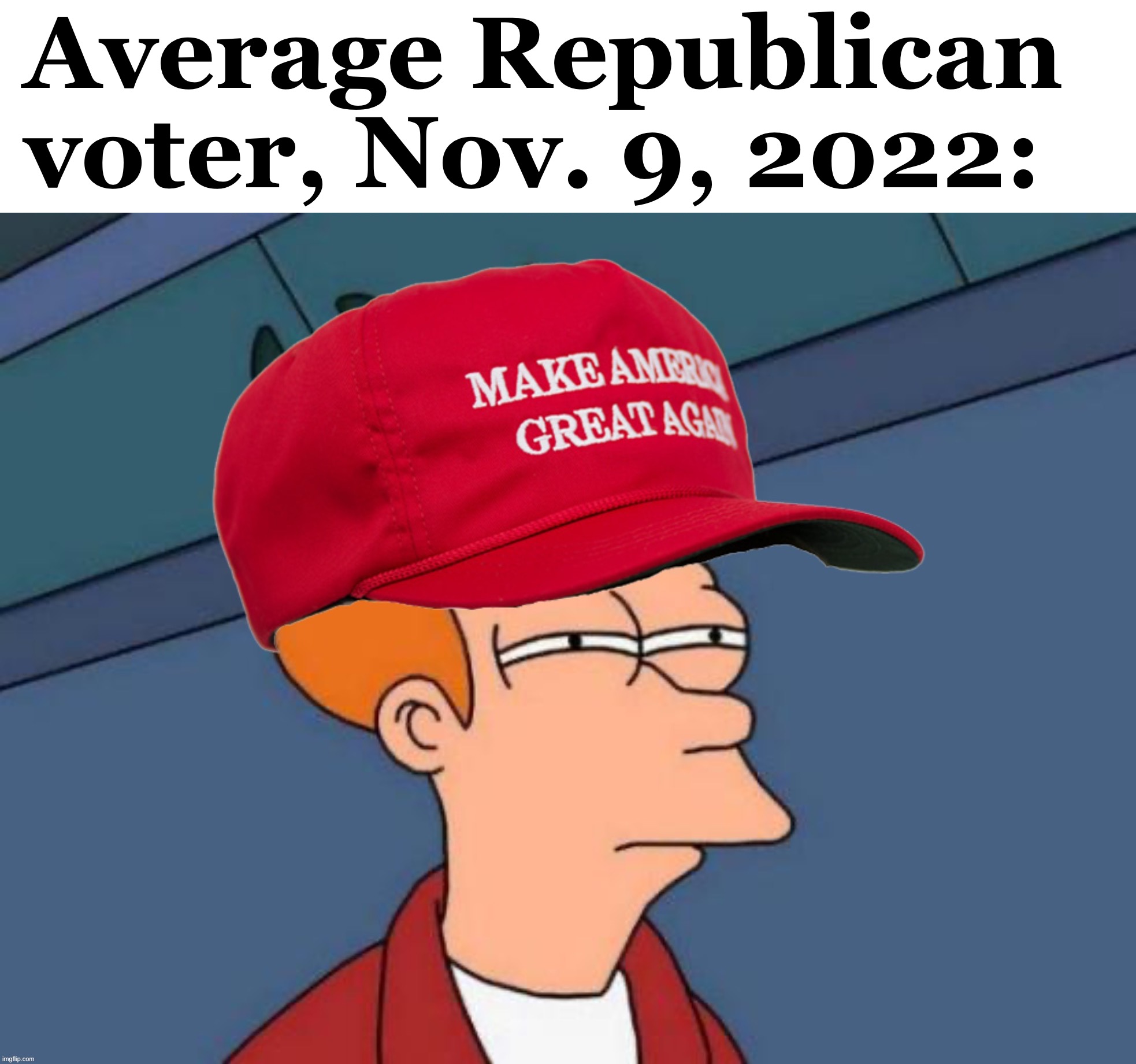 Very disappointing midterm results | Average Republican voter, Nov. 9, 2022: | image tagged in maga futurama fry | made w/ Imgflip meme maker