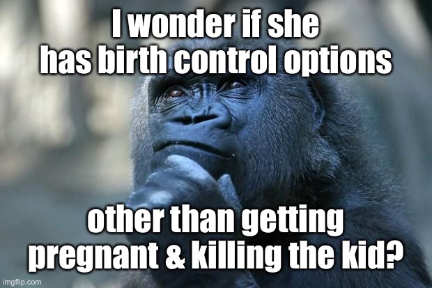 Deep Thoughts | I wonder if she has birth control options other than getting pregnant & killing the kid? | image tagged in deep thoughts | made w/ Imgflip meme maker