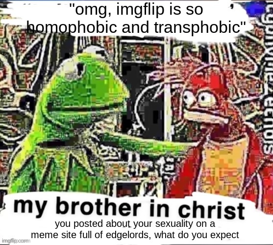 My brother in Christ | "omg, imgflip is so homophobic and transphobic"; you posted about your sexuality on a meme site full of edgelords, what do you expect | image tagged in my brother in christ | made w/ Imgflip meme maker