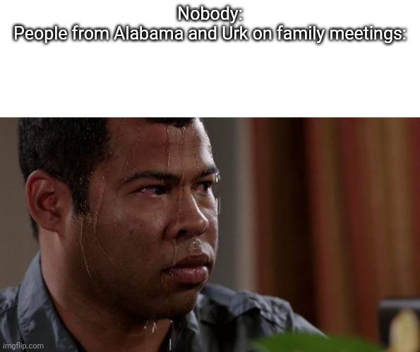 Yeet | Nobody:
People from Alabama and Urk on family meetings: | image tagged in sweating bullets | made w/ Imgflip meme maker