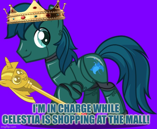 Robo Pony | I'M IN CHARGE WHILE CELESTIA IS SHOPPING AT THE MALL! | image tagged in robo pony | made w/ Imgflip meme maker