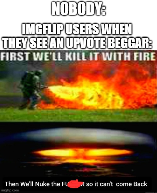 It's true though...lol | NOBODY:; IMGFLIP USERS WHEN THEY SEE AN UPVOTE BEGGAR: | image tagged in memes,funny,relatable,upvote begging,fire,nuclear explosion | made w/ Imgflip meme maker
