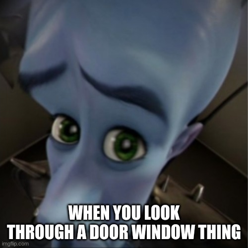 Megamind peeking | WHEN YOU LOOK THROUGH A DOOR WINDOW THING | image tagged in megamind peeking | made w/ Imgflip meme maker