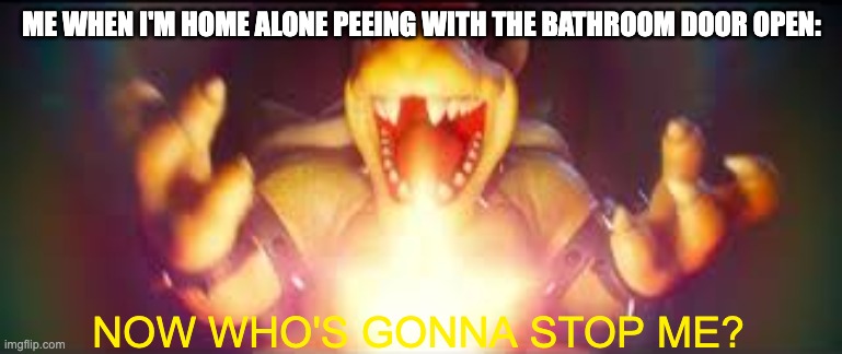 peeing when home alone | ME WHEN I'M HOME ALONE PEEING WITH THE BATHROOM DOOR OPEN:; NOW WHO'S GONNA STOP ME? | image tagged in now who's gonna stop me | made w/ Imgflip meme maker