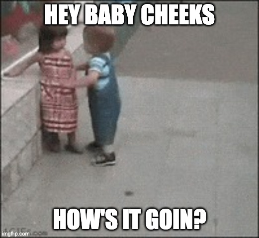 get dumped | HEY BABY CHEEKS; HOW'S IT GOIN? | image tagged in get dumped | made w/ Imgflip meme maker