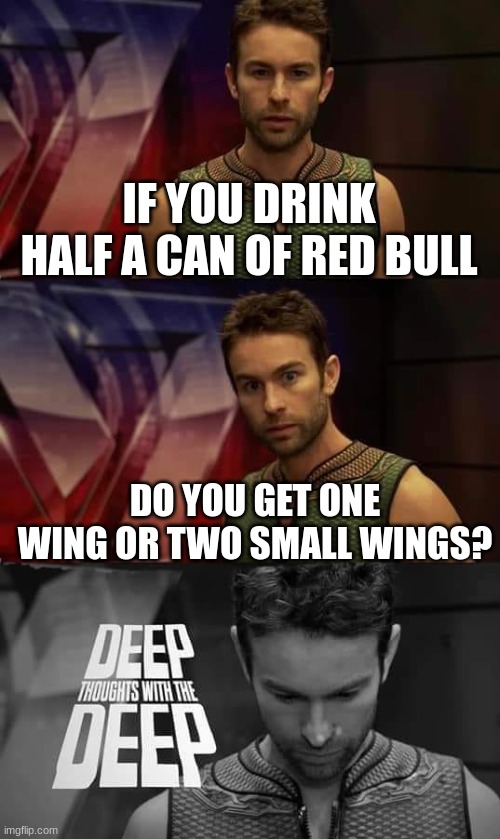 Deep Thoughts with the Deep | IF YOU DRINK HALF A CAN OF RED BULL; DO YOU GET ONE WING OR TWO SMALL WINGS? | image tagged in deep thoughts with the deep | made w/ Imgflip meme maker