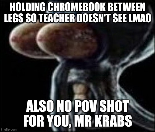 Squidward staring | HOLDING CHROMEBOOK BETWEEN LEGS SO TEACHER DOESN'T SEE LMAO; ALSO NO POV SHOT FOR YOU, MR KRABS | image tagged in squidward staring | made w/ Imgflip meme maker