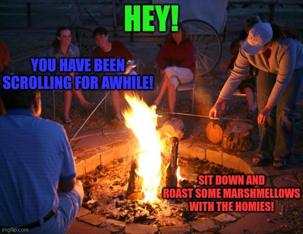d | HEY! YOU HAVE BEEN SCROLLING FOR AWHILE! SIT DOWN AND ROAST SOME MARSHMELLOWS WITH THE HOMIES! | image tagged in campfire,keep scrolling | made w/ Imgflip meme maker